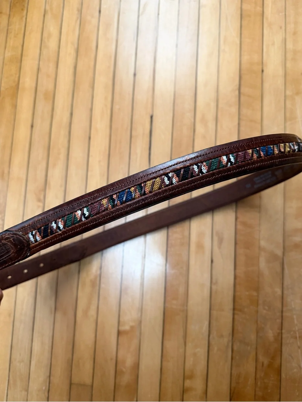 Vintage Y2K Columbia Brown Leather Belt Southwest Woven Tribal Inlay Sz. 40/100